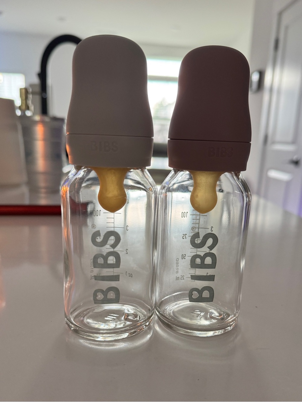 Glass Baby Bottles with Silicone Caps - Taupe & Pink